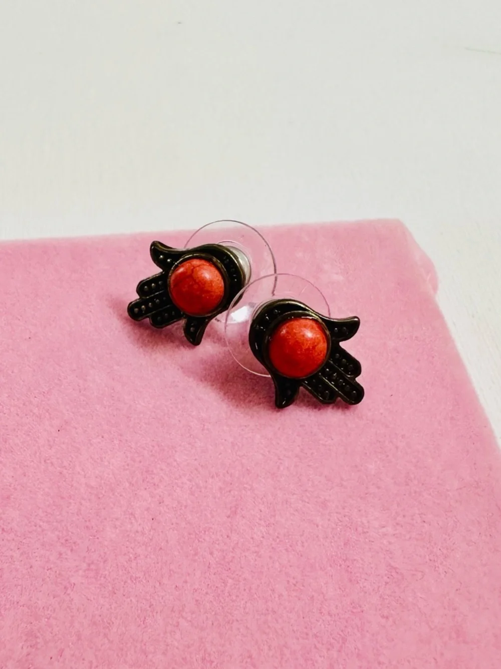 Red Stone Hamsa Hand Stud Earrings